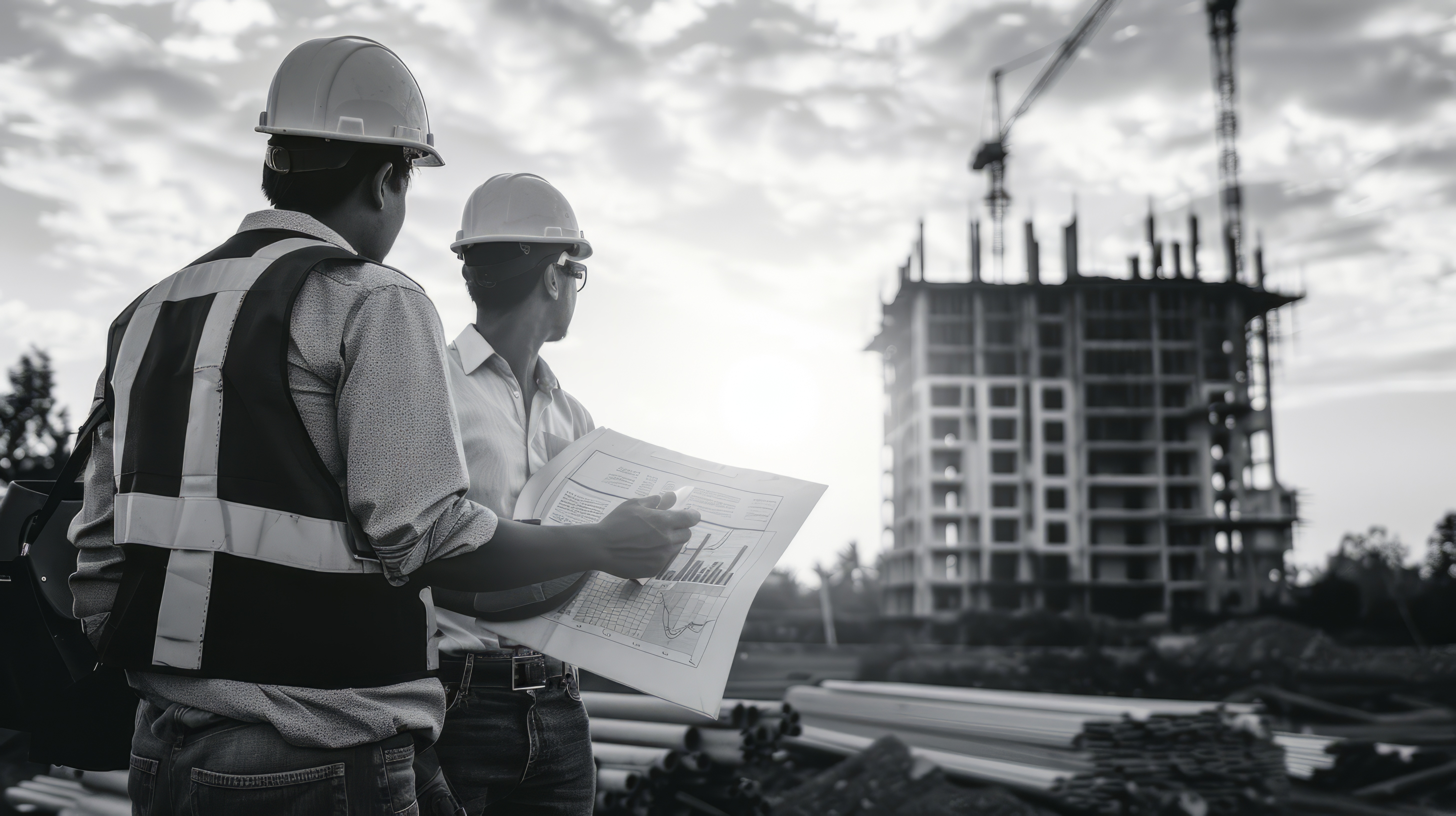 Engenheiros analisando projeto em uma obra em construção